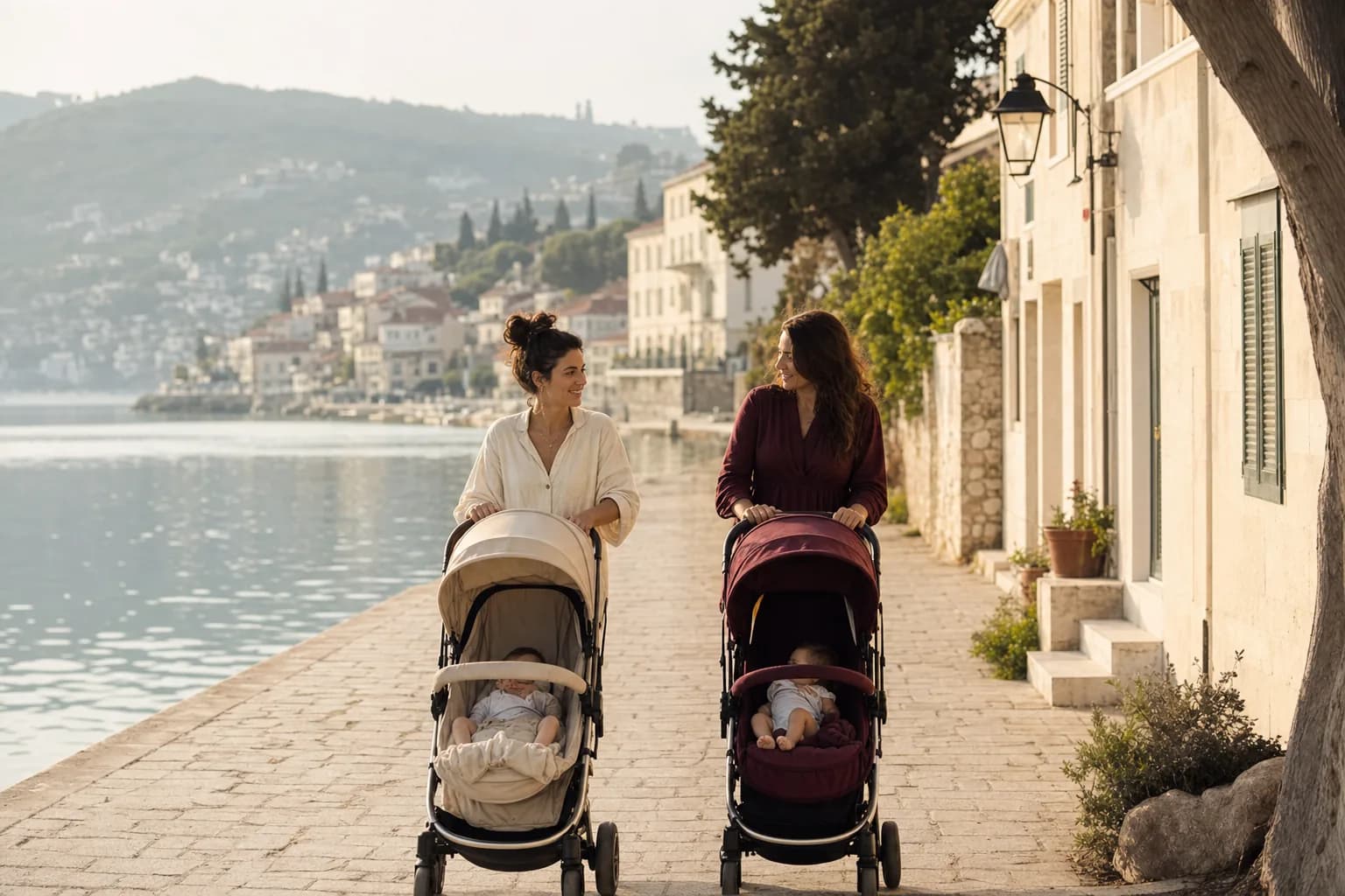 Duas mães a caminhar com carrinhos junto à ribeira, luz suave de manhã