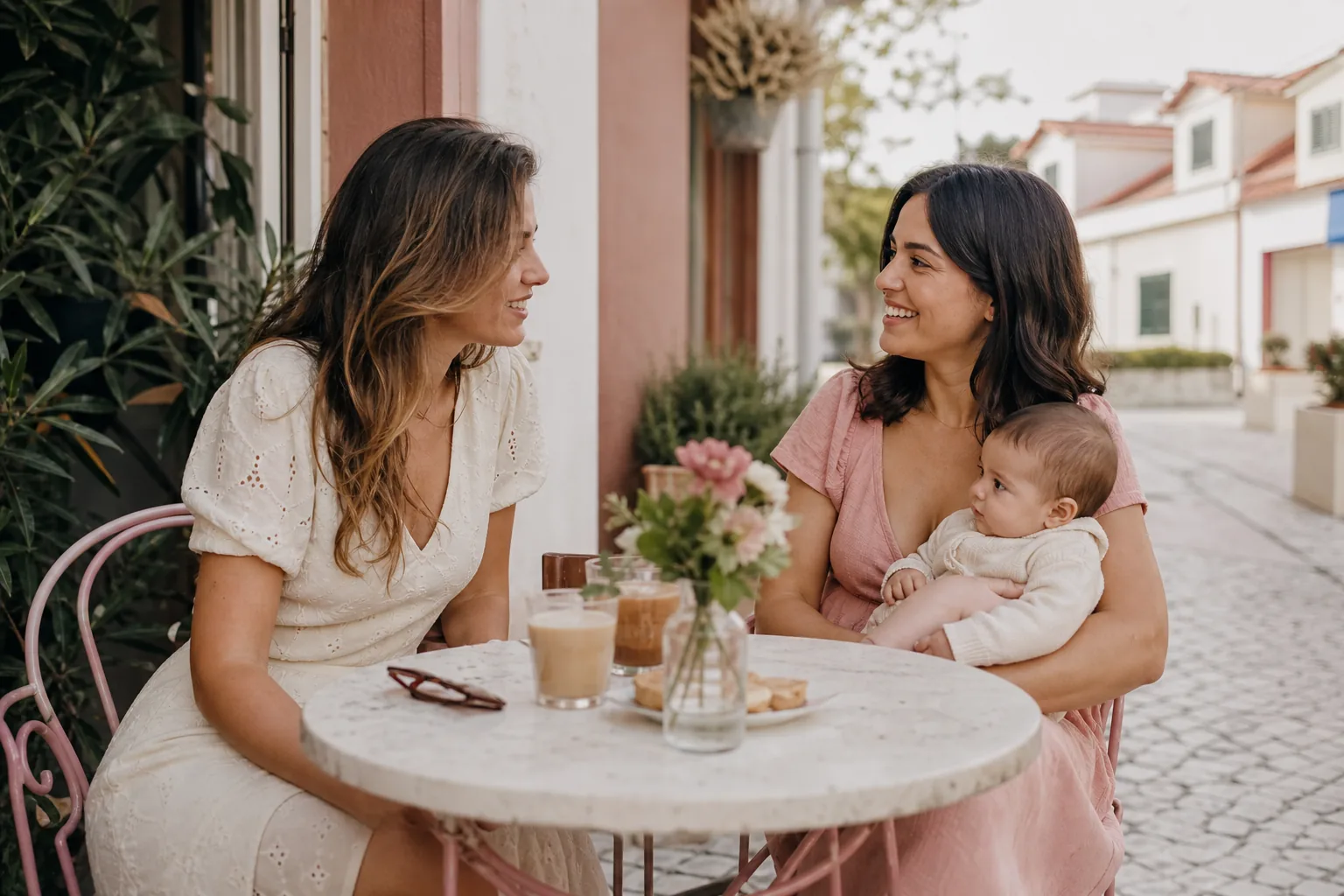 Mães a conversar num café ao ar livre, ambiente acolhedor